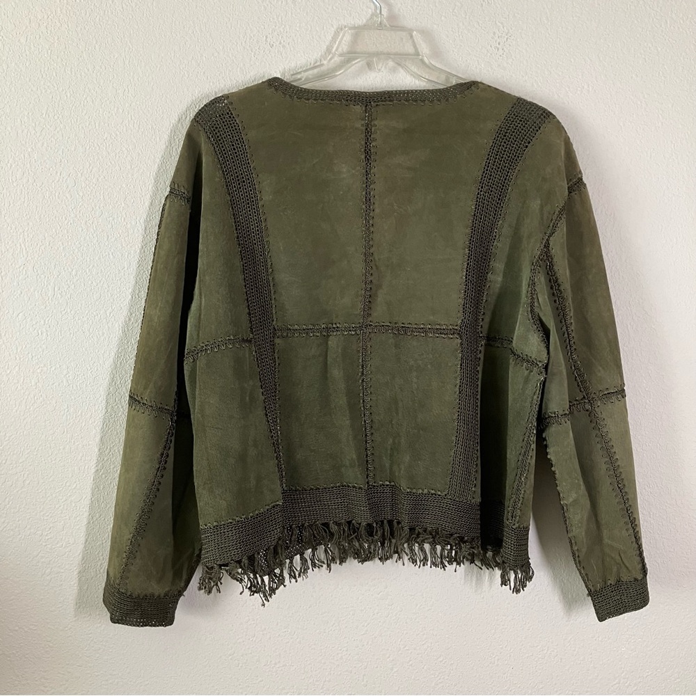 VINTAGE Suede Jacket & Skirt Set Crochet Western Cowgirl Boho Olive Green 2X - Picture 11 of 16